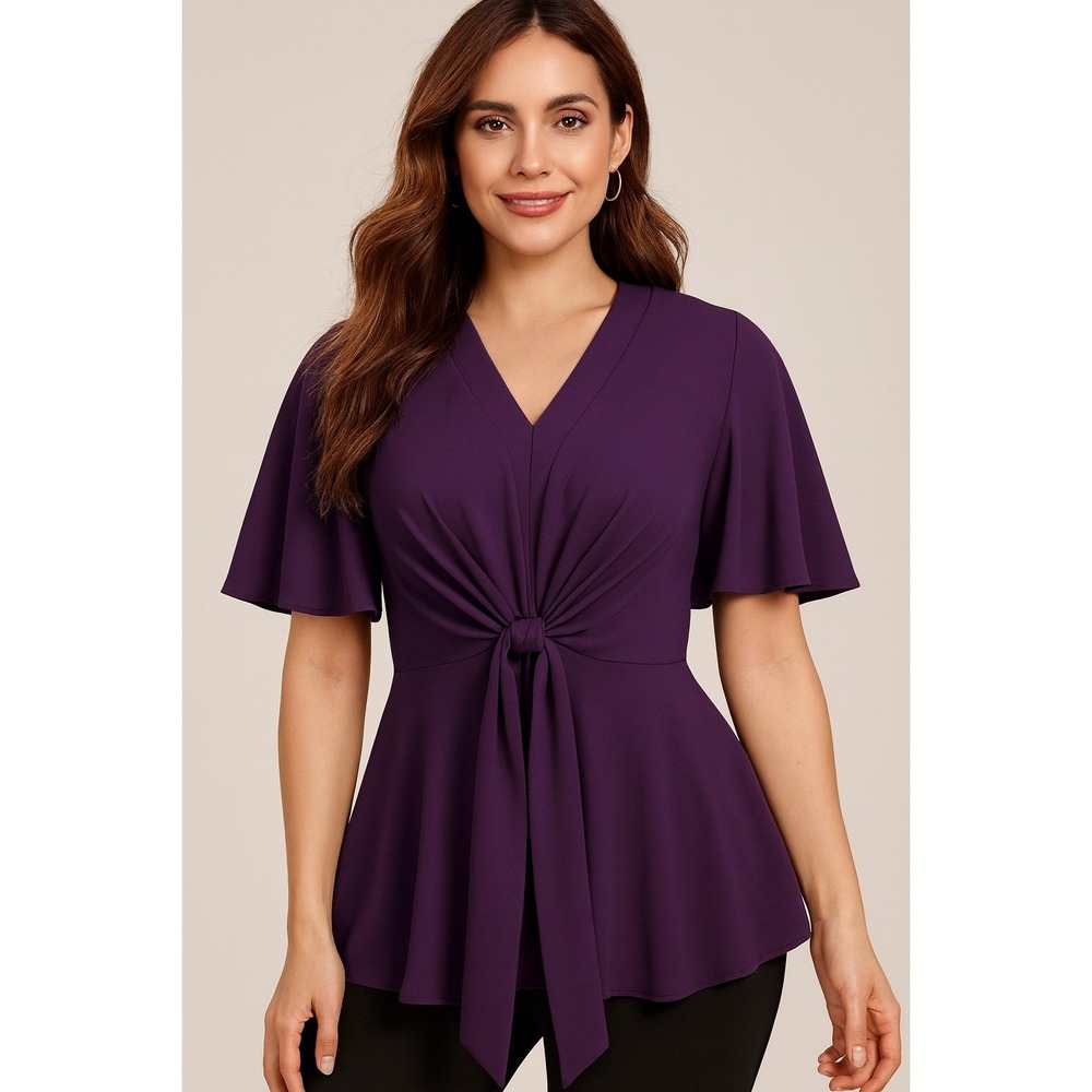 Grace karin L‎ plum purple office work flutter sleeve wrap tie blouse